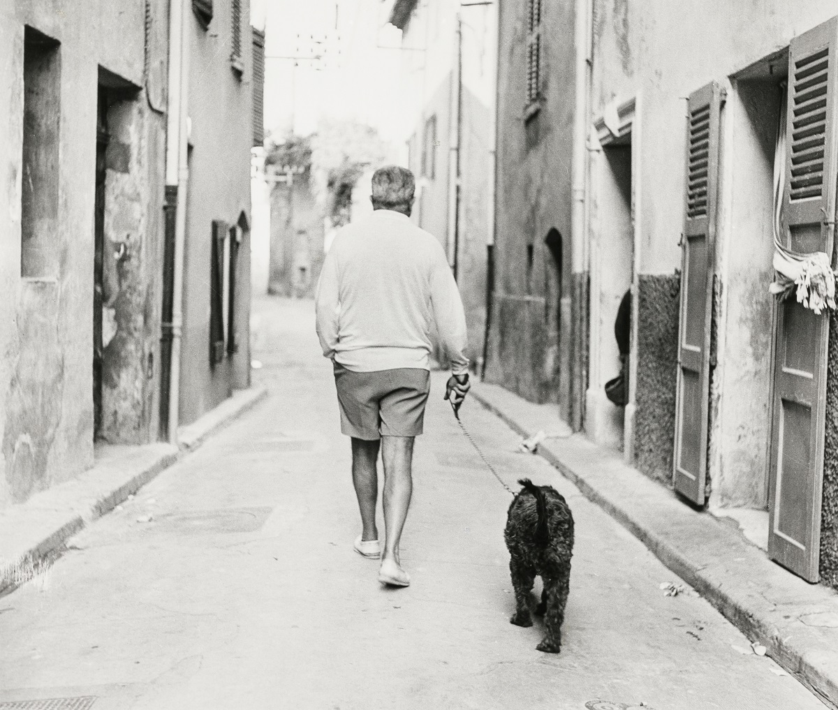 Jacques Prévert de dos marche dans une rue en tenant son chien à la laisse